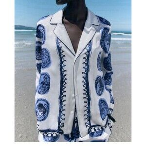 Zara ZW Collection Printed Collared Shirt White Navy Blue Sz Xl Abstract Resort